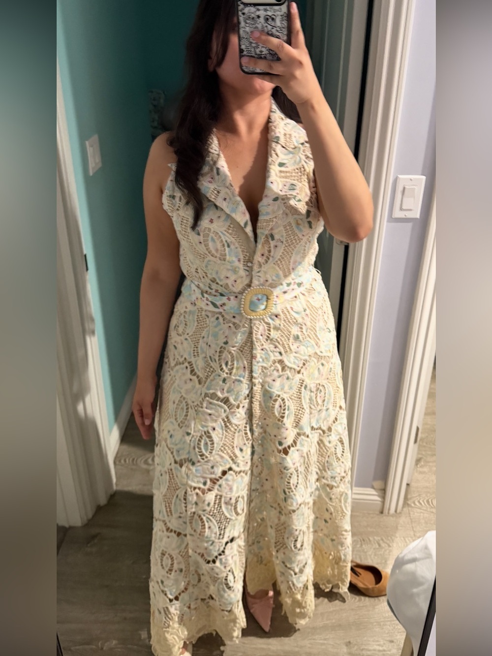 ELLIATT Kyla Maxi Dress Size L Multi Floral Lace Pearl Belt Wedding Guest - Picture 2 of 5